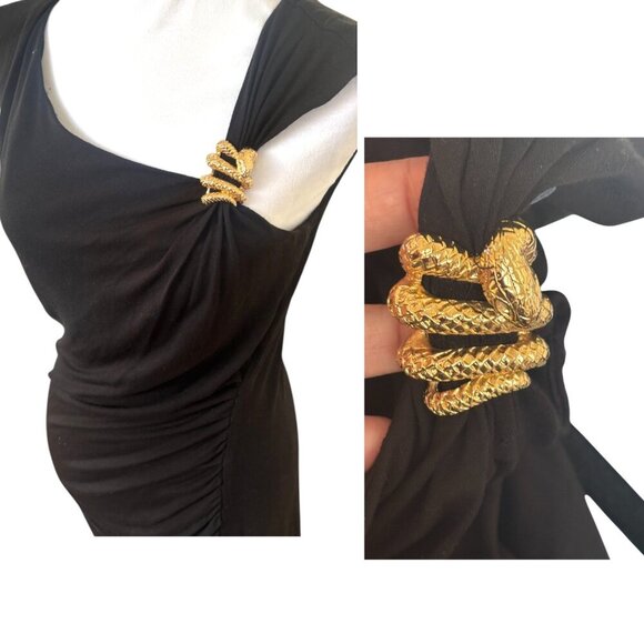 VINTAGE CACHE Y2K BLACK RUCHED GOLD SNAKE COCKTAIL DRESS M/L - Picture 3 of 4